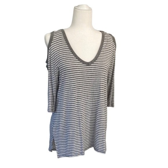 French Laundry V-Neck Stripe 3/4 Short Elbow Sleeve Tunic Tee Top High Low Slits - Picture 2 of 16